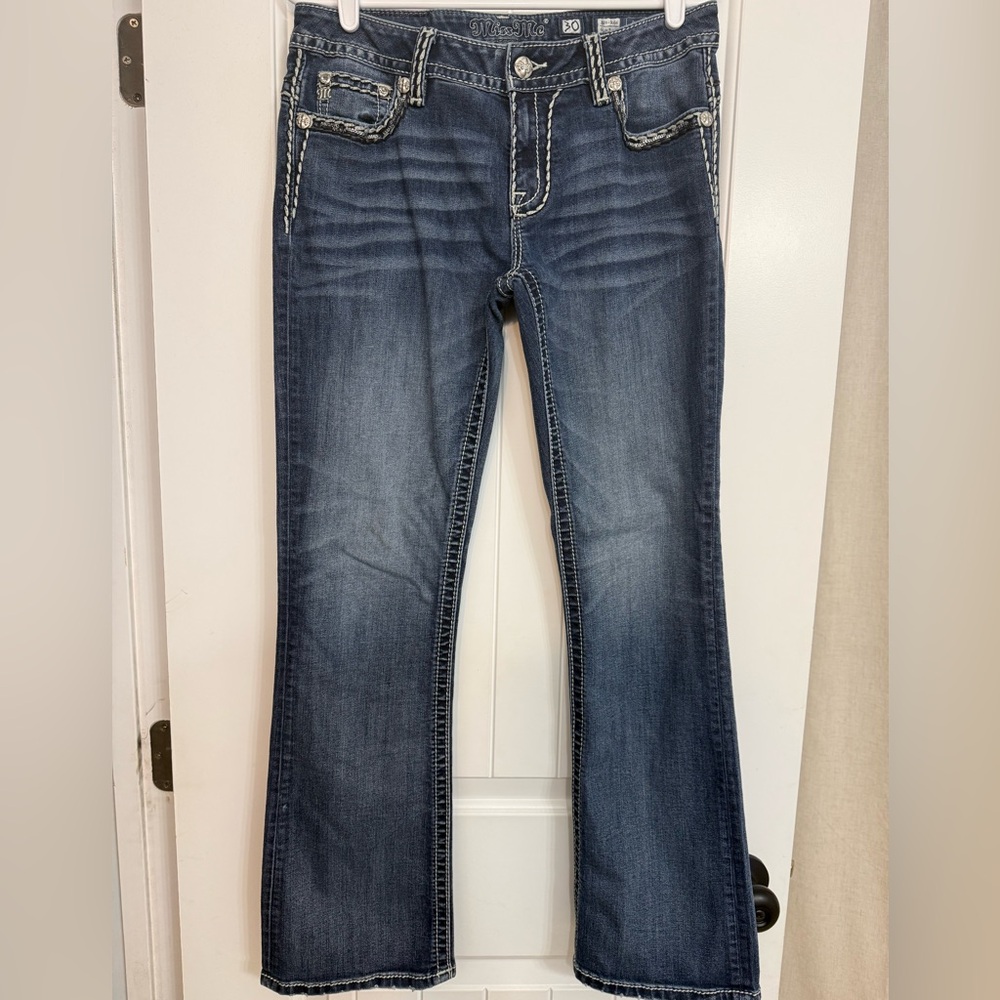 Miss Me Dark Blue Flare Jeans with White Stitching